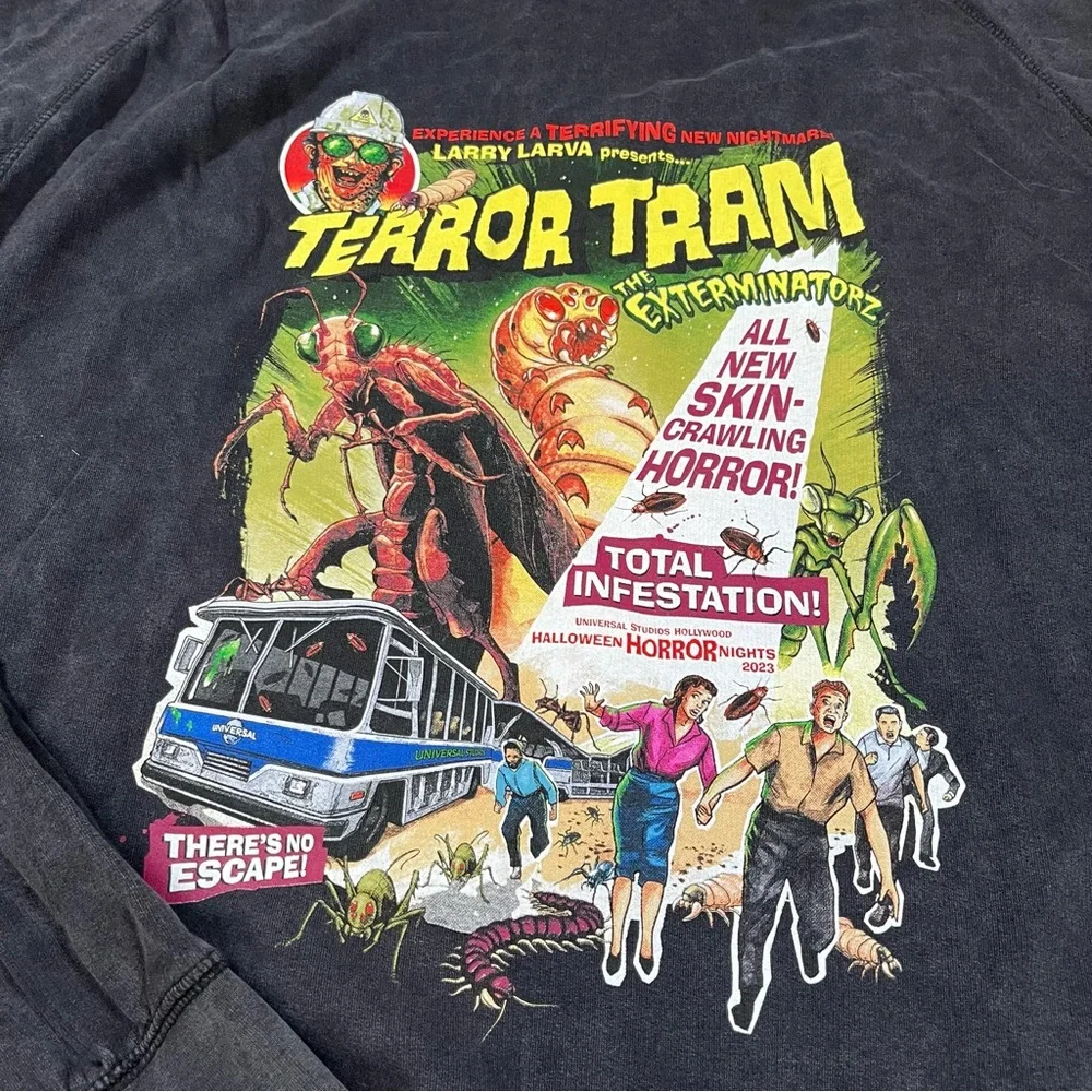 Universal‎ Studios Halloween Horror Night 2023 Terror Tram Gray Hoodie Vtg Wash